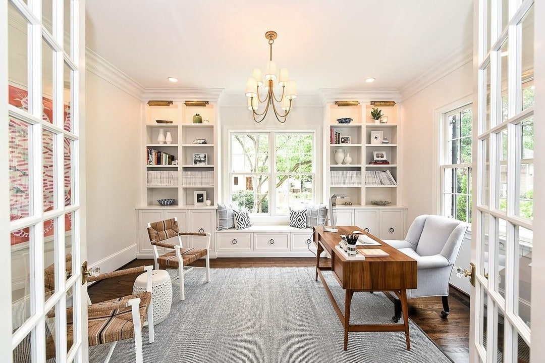 3. Bright Transitional Office with Built-In Window Seating - bright office ideas