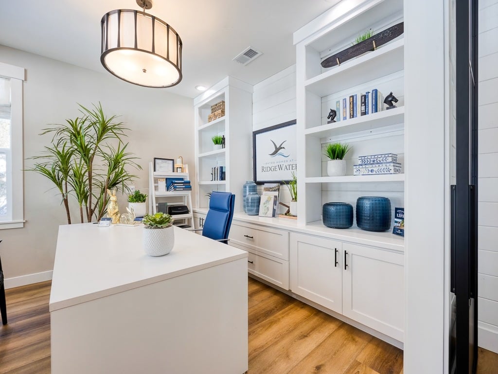 10. Fresh Coastal-Inspired Workspace in White and Blue - bright office ideas