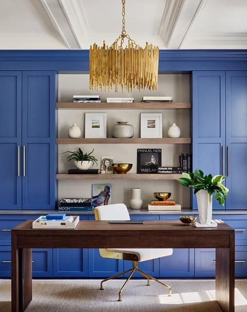 12. Bold Blue Office with Gold Accents - bright office ideas