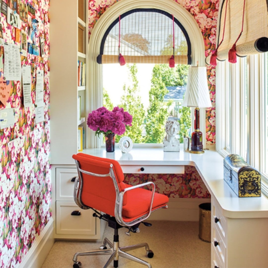21. Floral Office with Bold Fuchsia Energy - bright office ideas