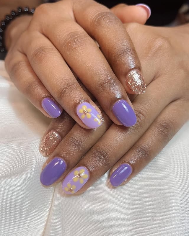 2. Lavender Petals and Sparkle Charm - gold and purple nail ideas