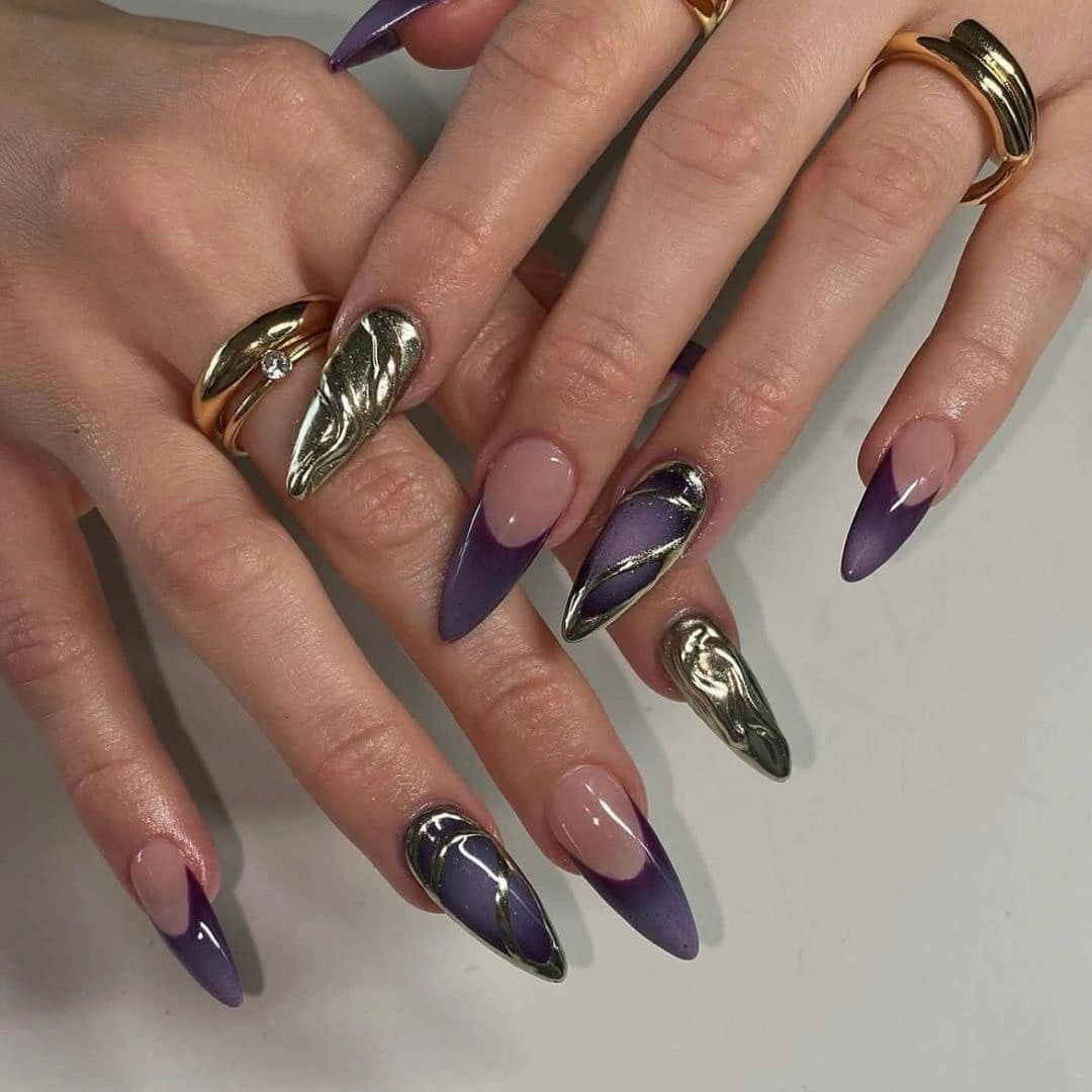 11. Royal Velvet Fade with Molten Gold Accents - gold and purple nail ideas