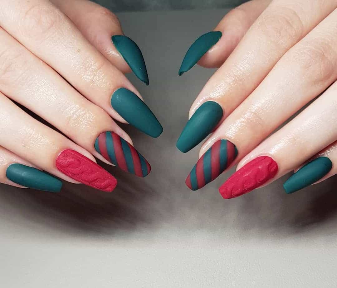 1. Matte Emerald & Crimson Sweater Nails - green and red nail ideas