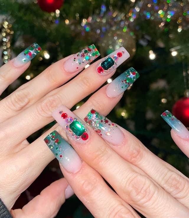 3. Glam Emerald Jewel Nails - green and red nail ideas