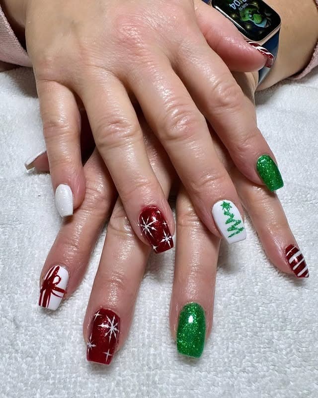 4. Classic Christmas Gift Nails - green and red nail ideas