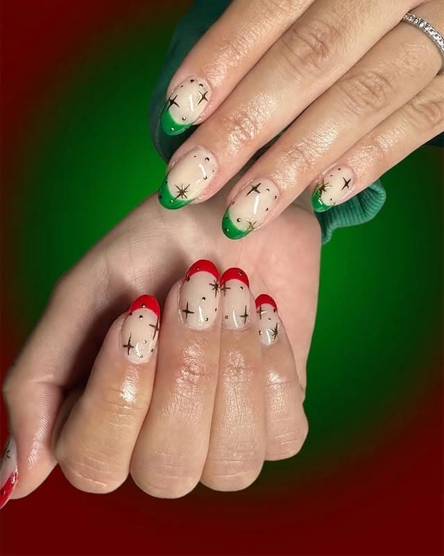 5. Festive French Sparkle Tips - green and red nail ideas