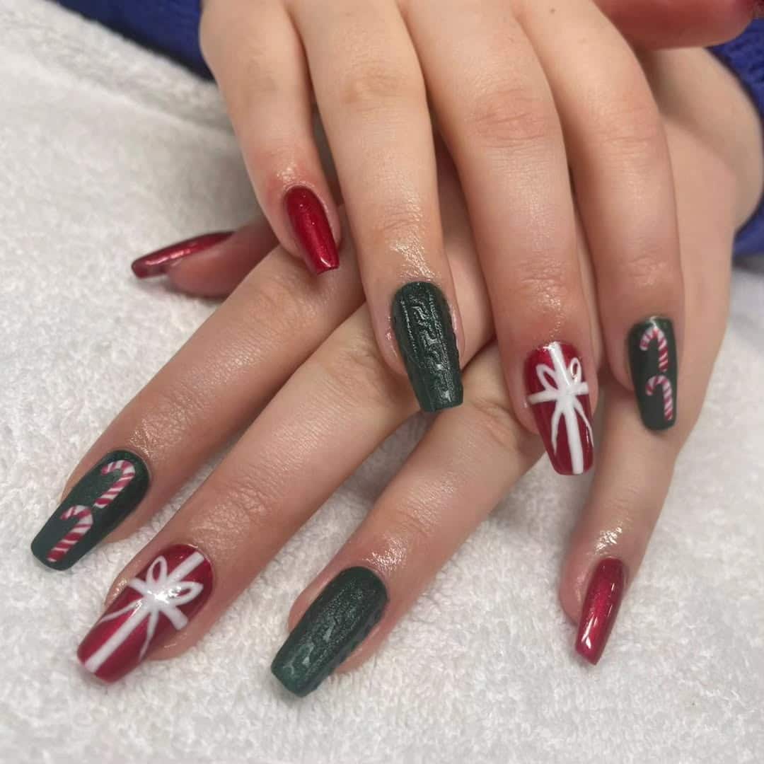 6. Candy Cane and Ribbon Holiday Nails - green and red nail ideas
