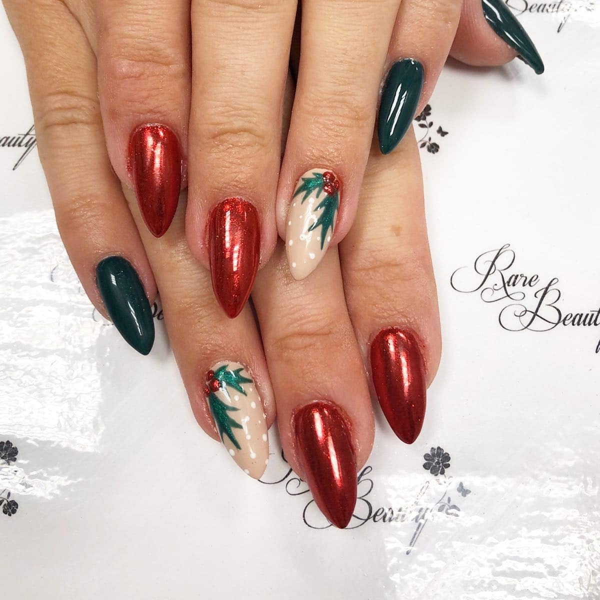7. Metallic Red & Green Holly Nails - green and red nail ideas