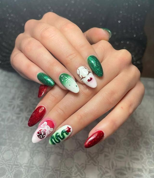 8. Sparkling Christmas Story Nails - green and red nail ideas