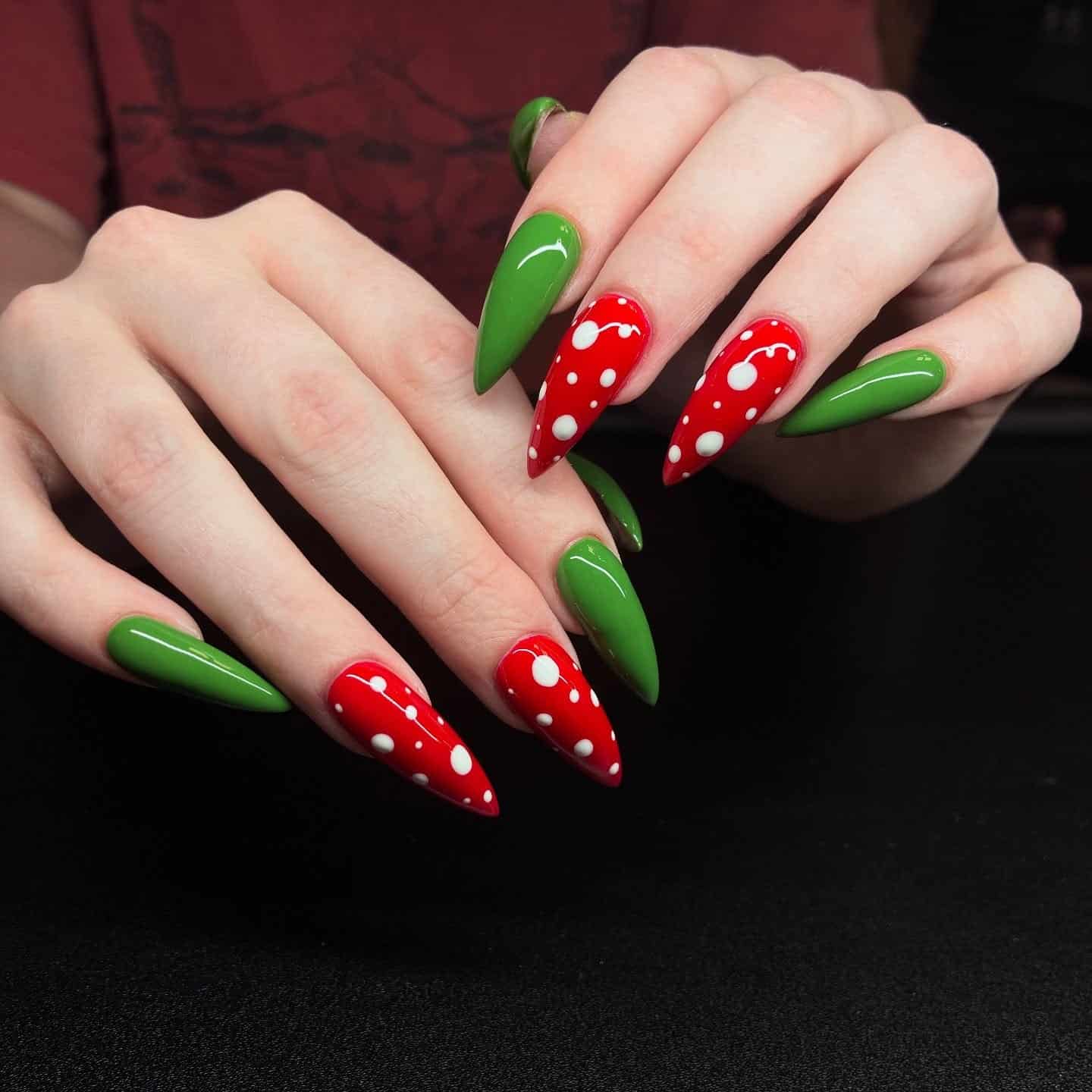 9. Playful Mistletoe Polka Dots - green and red nail ideas