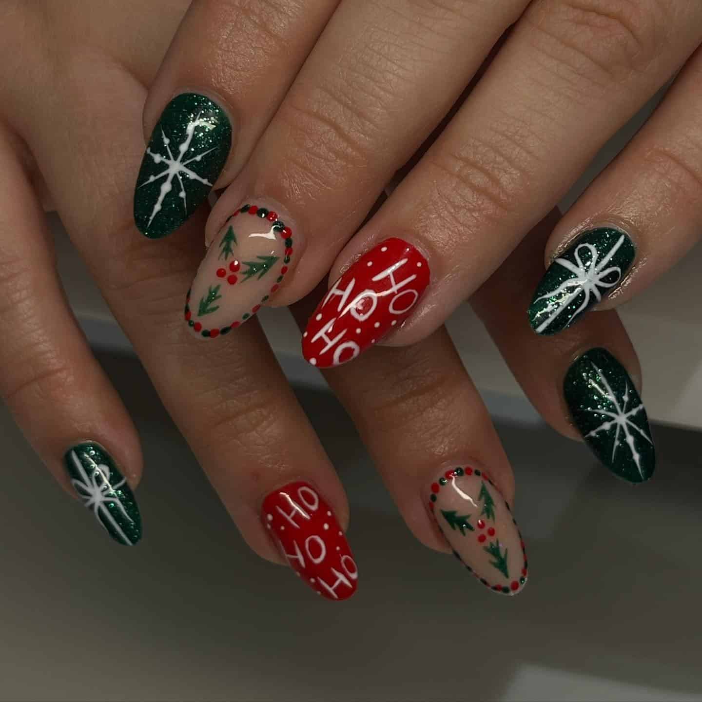 10. Merry Ho Ho Ho Nail Art - green and red nail ideas