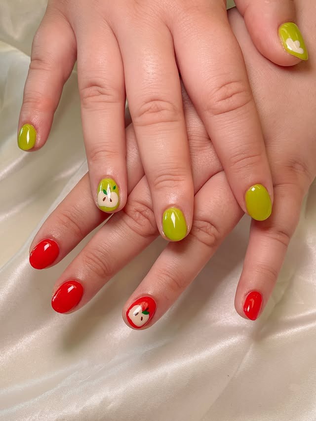 12. Apple Green and Red Fruit Nail Art - green and red nail ideas