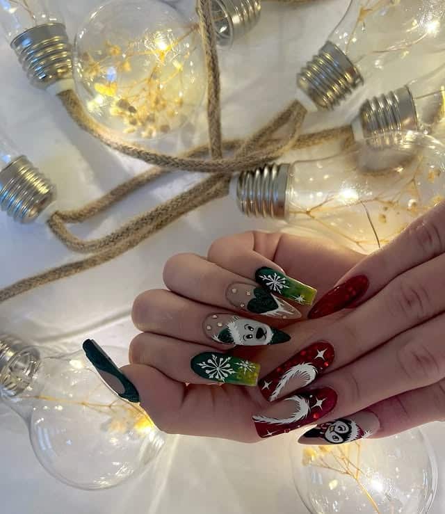 13. Holiday Grinch-Inspired Character Nails - green and red nail ideas