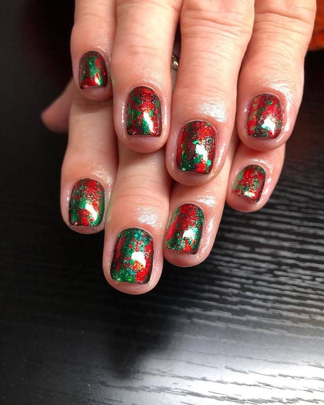14. Red and Green Foil Overlay Nails - green and red nail ideas