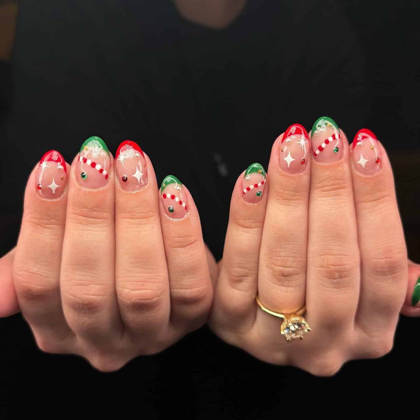 15. Christmas Lights French Tips - green and red nail ideas