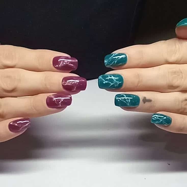 16. Dual Marble Effect in Teal and Berry - green and red nail ideas