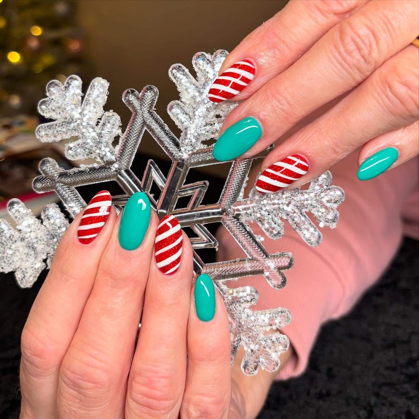 17. Candy Cane Stripe and Teal Nails - green and red nail ideas