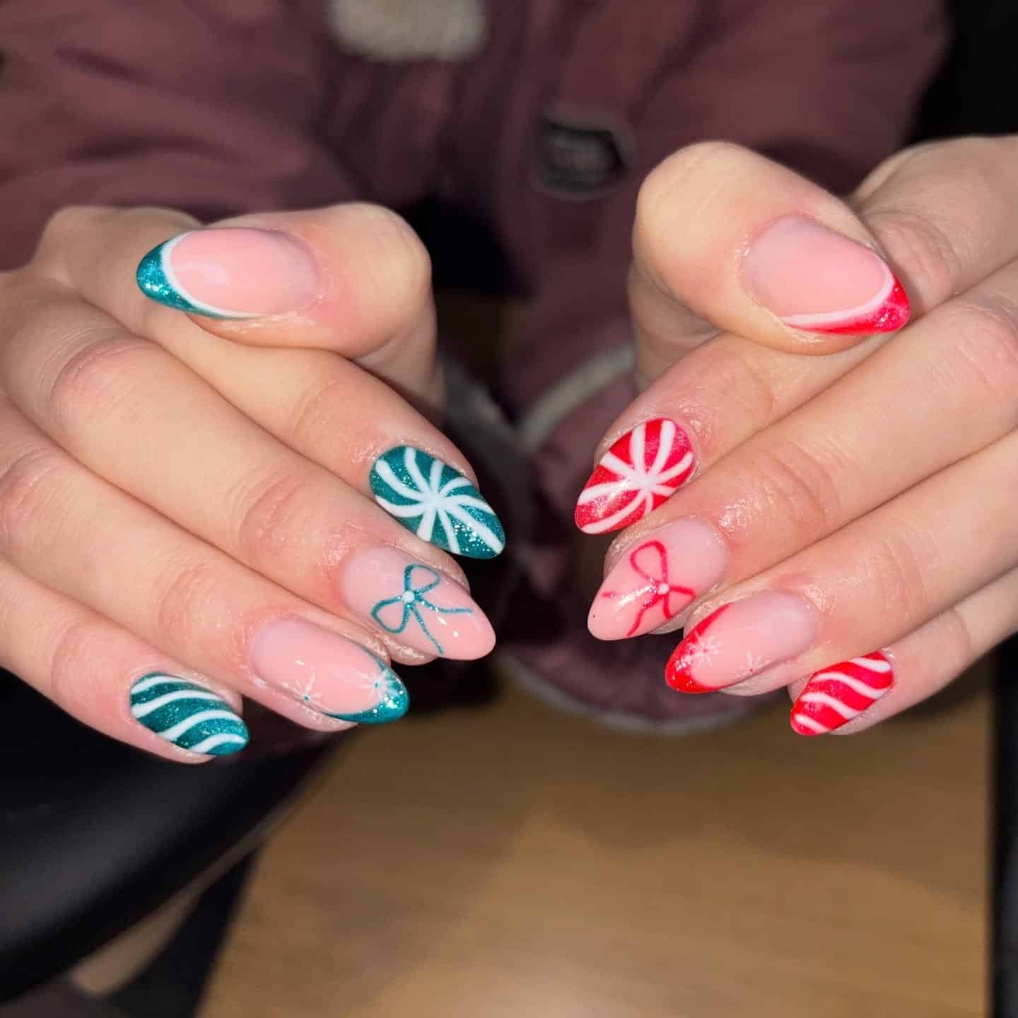 18. Peppermint Twist French Tips - green and red nail ideas