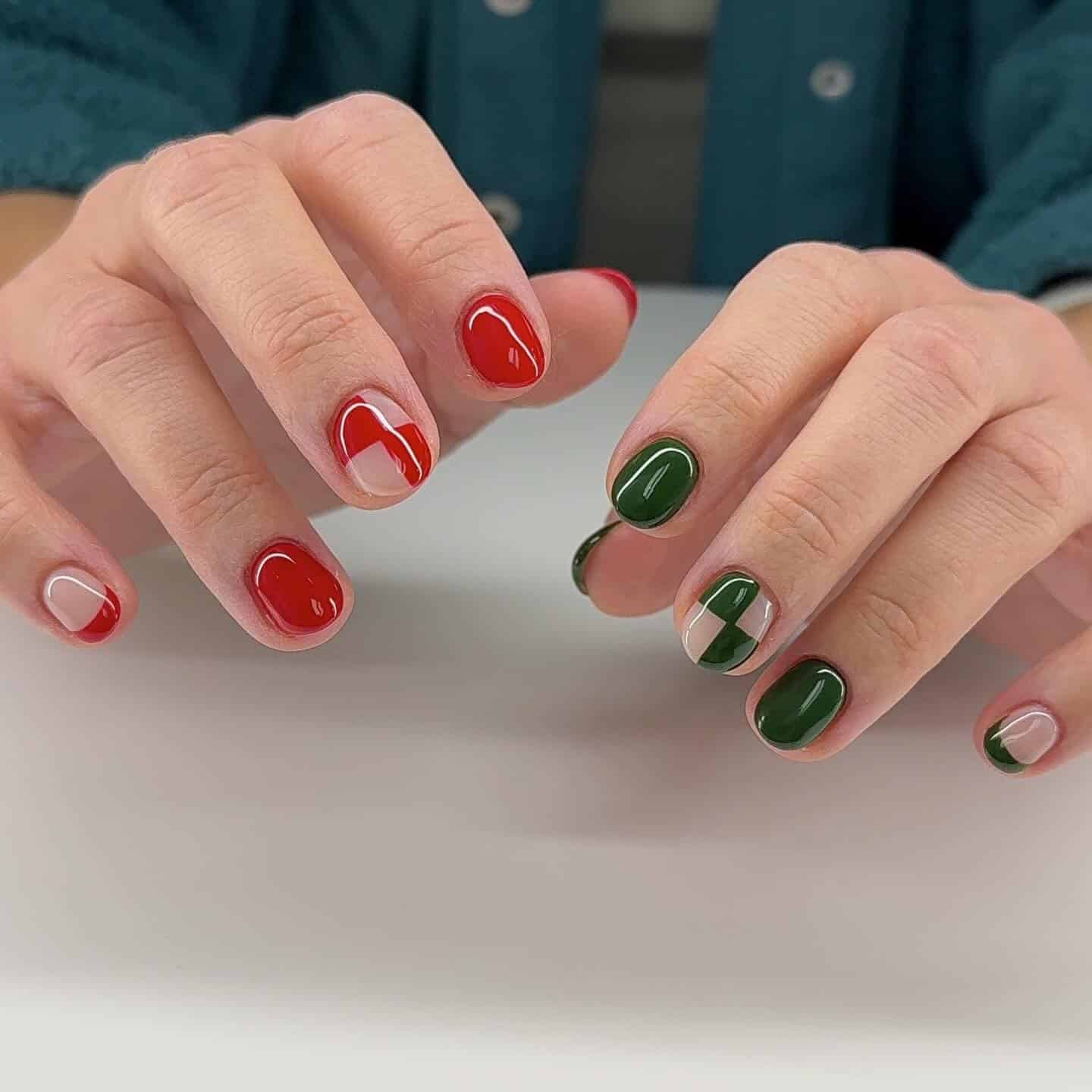 19. Modern Color Block Red and Green Nails - green and red nail ideas