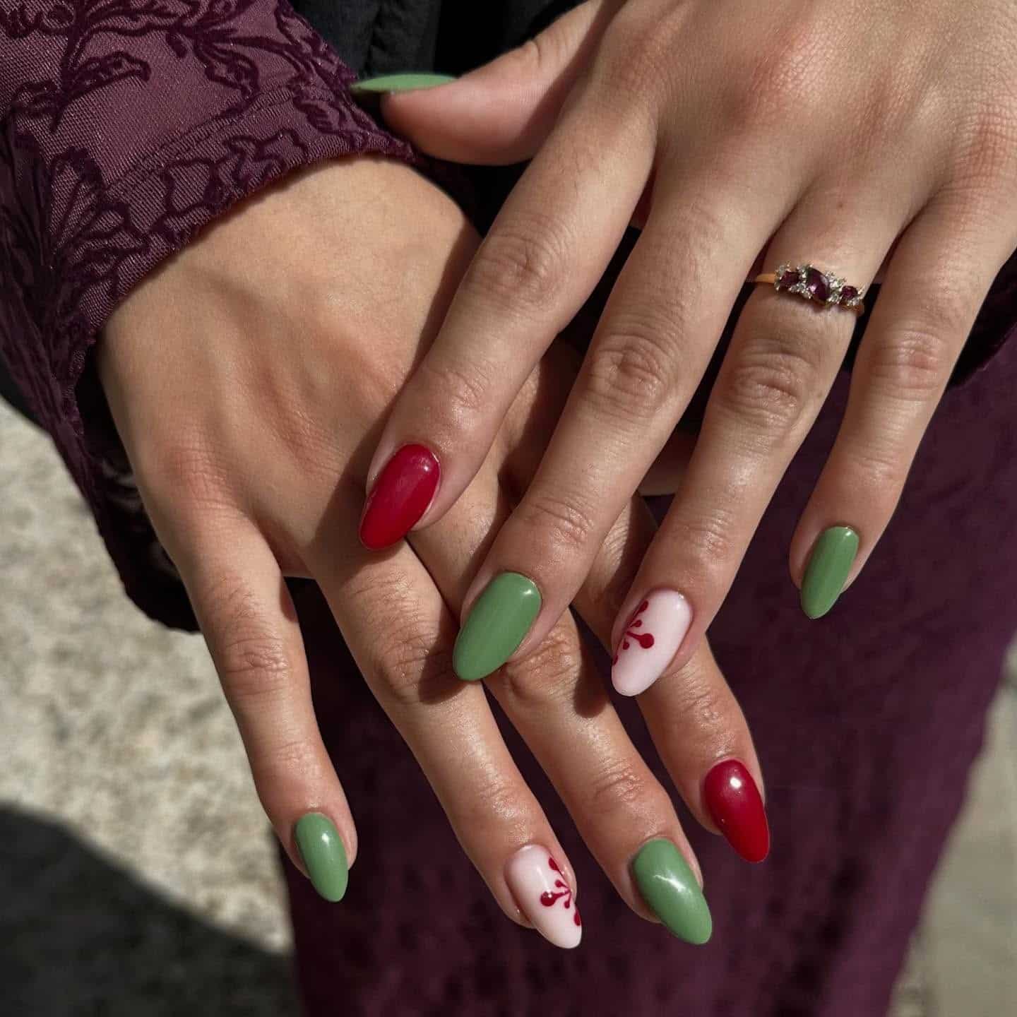 20. Soft Sage and Crimson Accent Nails - green and red nail ideas