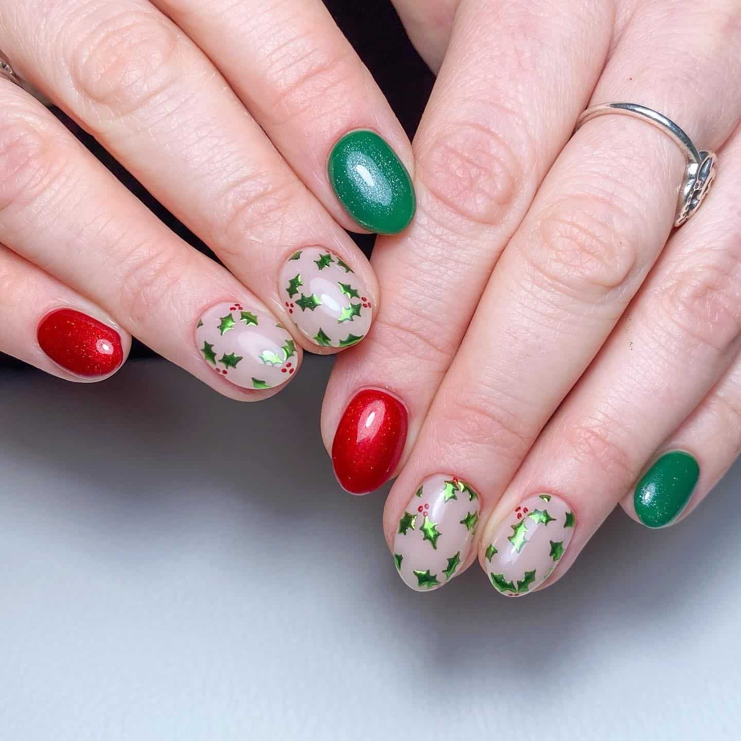 21. Holly Berry Holiday Nails - green and red nail ideas