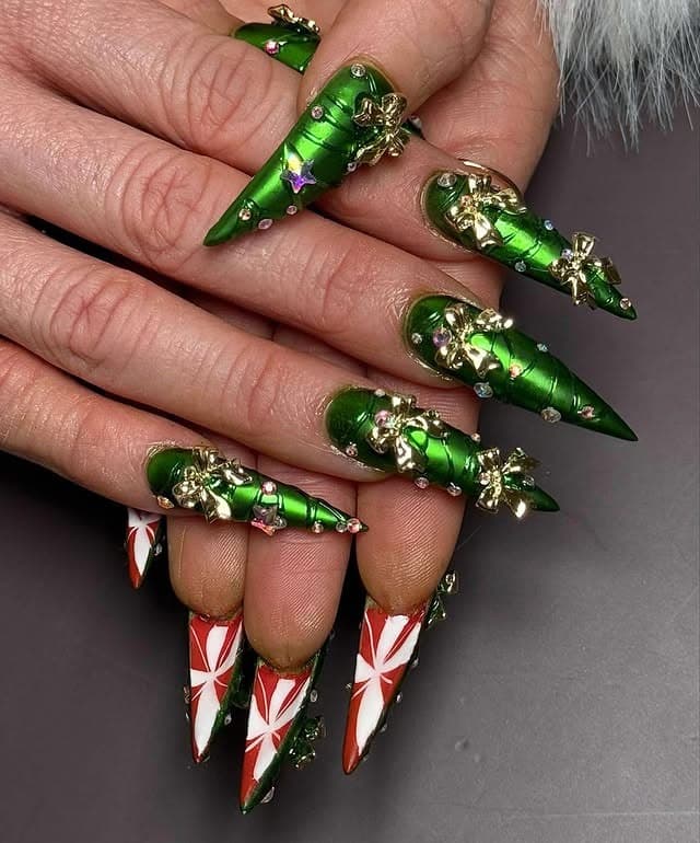 22. Luxury Christmas Tree Sculpted Nails - green and red nail ideas