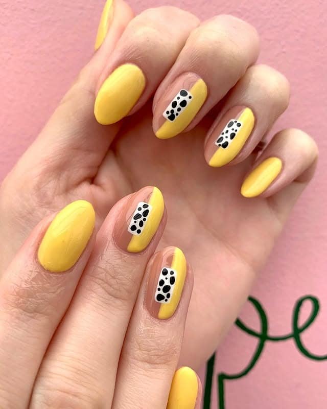 2. Lemon Dot Contrast Half Polish - half nail ideas