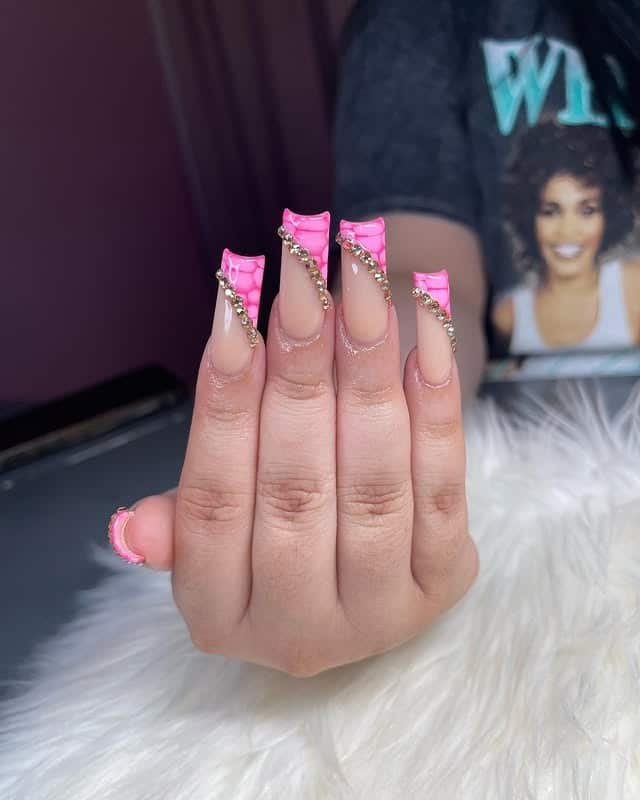 18. Vibrant Pink Croc Curve with Gems - half nail ideas