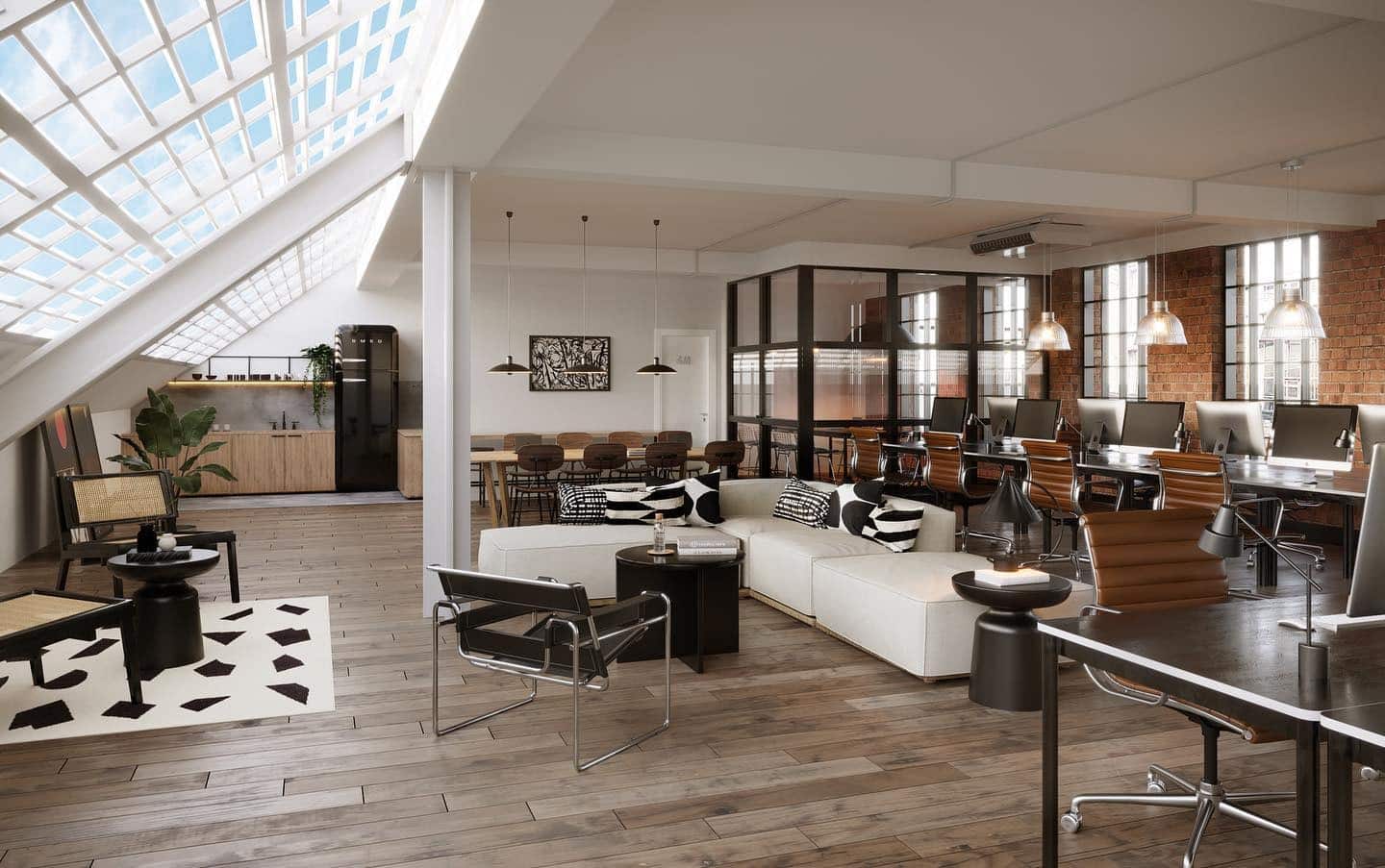 12. Industrial Loft Harmony - open space office ideas