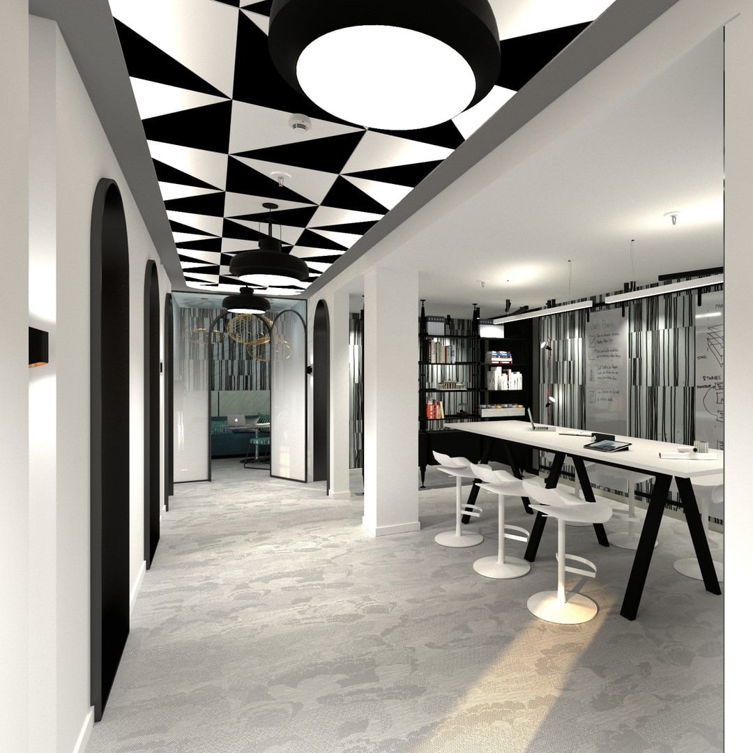 14. Monochrome Graphic Corridor - open space office ideas