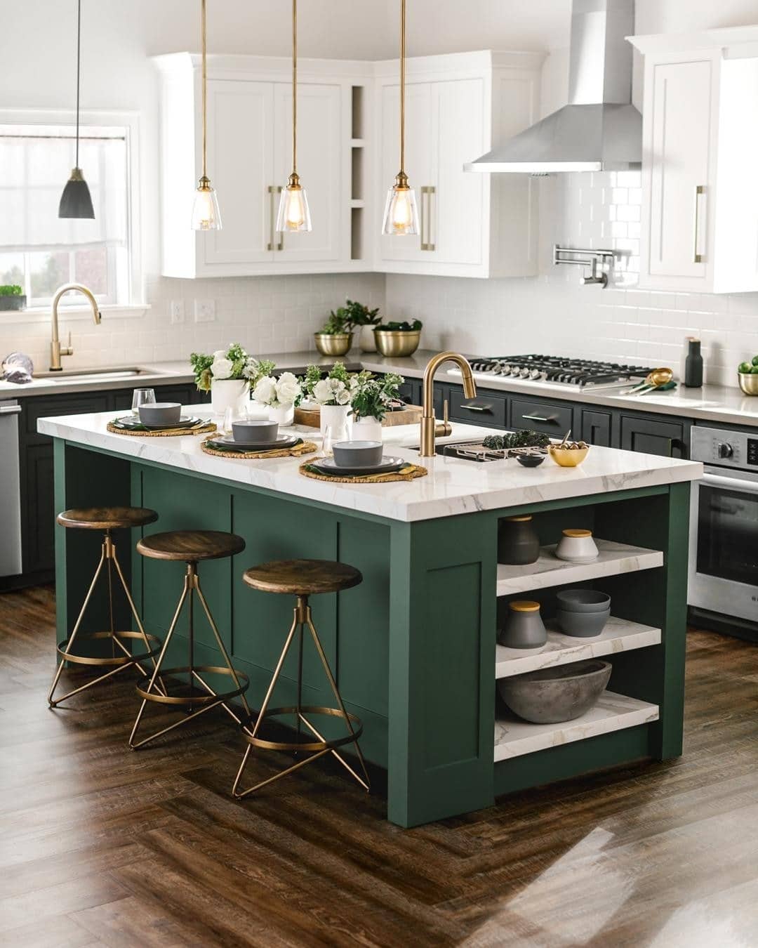 7. Emerald Modernity with Brushed Gold Fixtures - kitchen lighting ideas