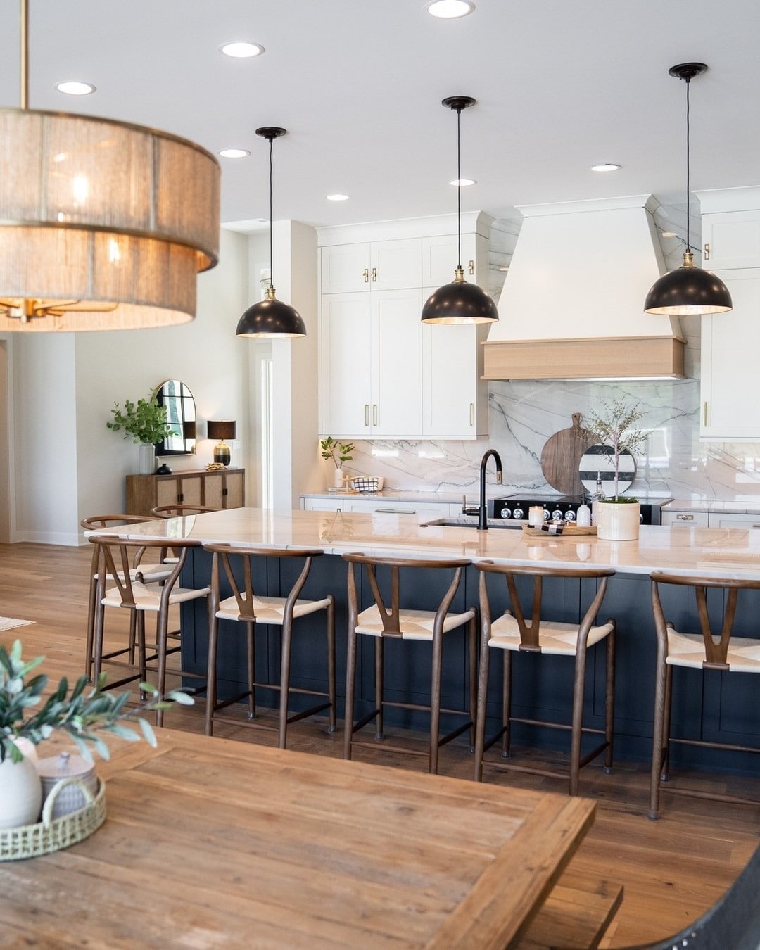 12. Modern Farmhouse Balance in White and Black - kitchen lighting ideas