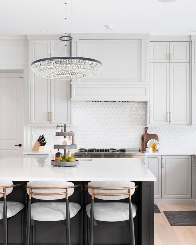 14. Crystal Modern Glamour in Soft Gray - kitchen lighting ideas