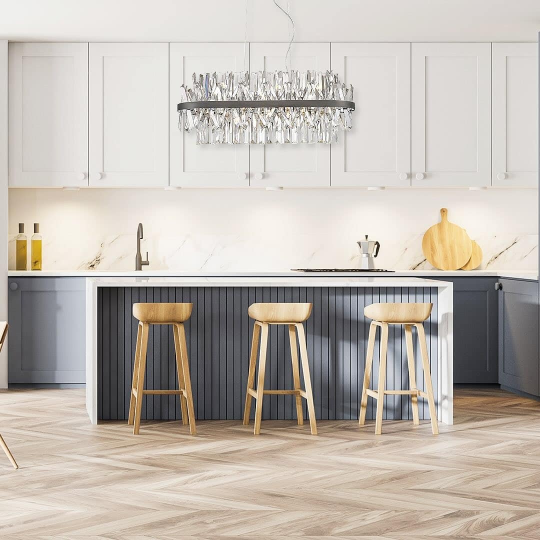 15. Contemporary Sparkle in Cool Tones - kitchen lighting ideas