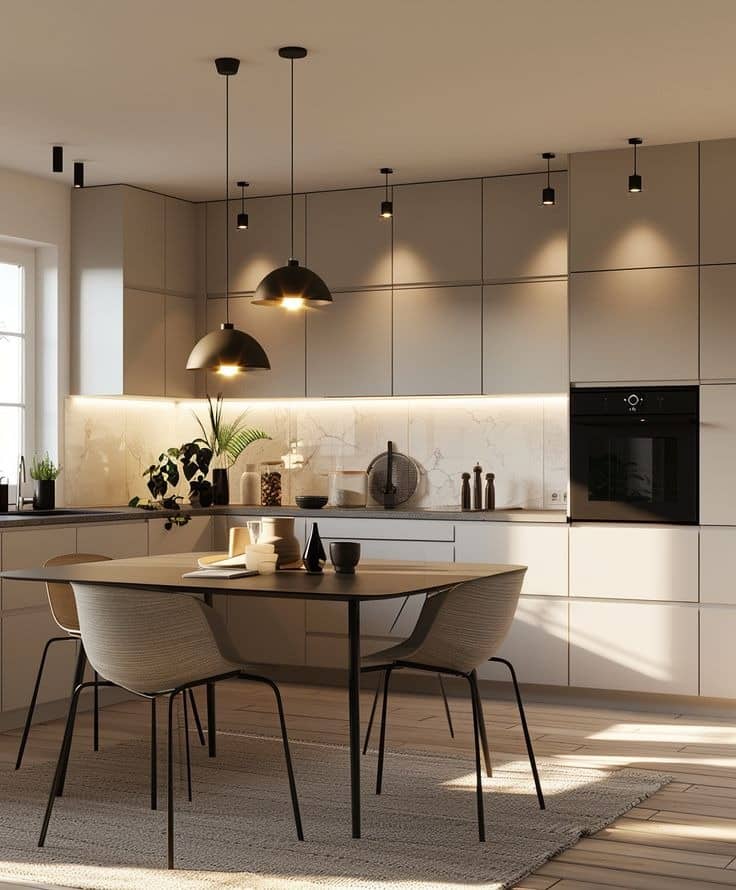 22. Soft Minimalism with Pendant and Spot Lighting - kitchen lighting ideas