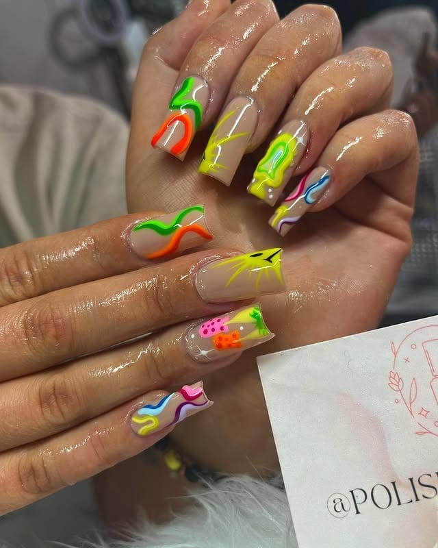 6. Neon Abstract Grooves Nails - hippie nail ideas