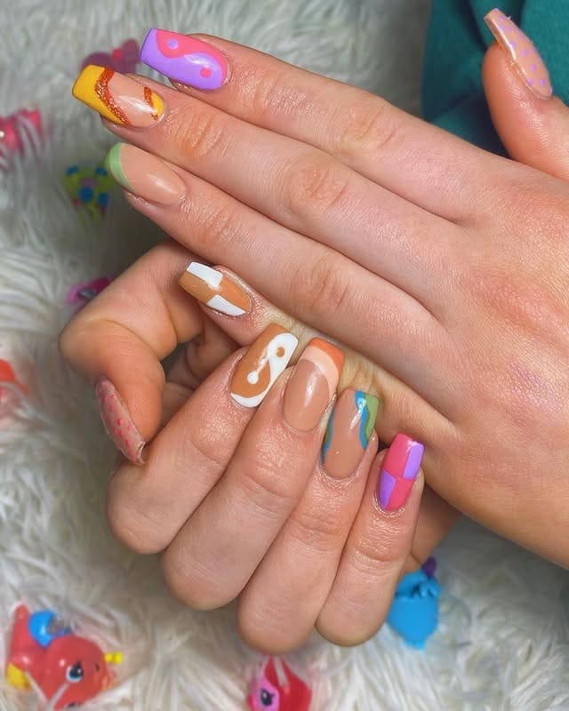 18. Playful Retro Patchwork Nails - hippie nail ideas