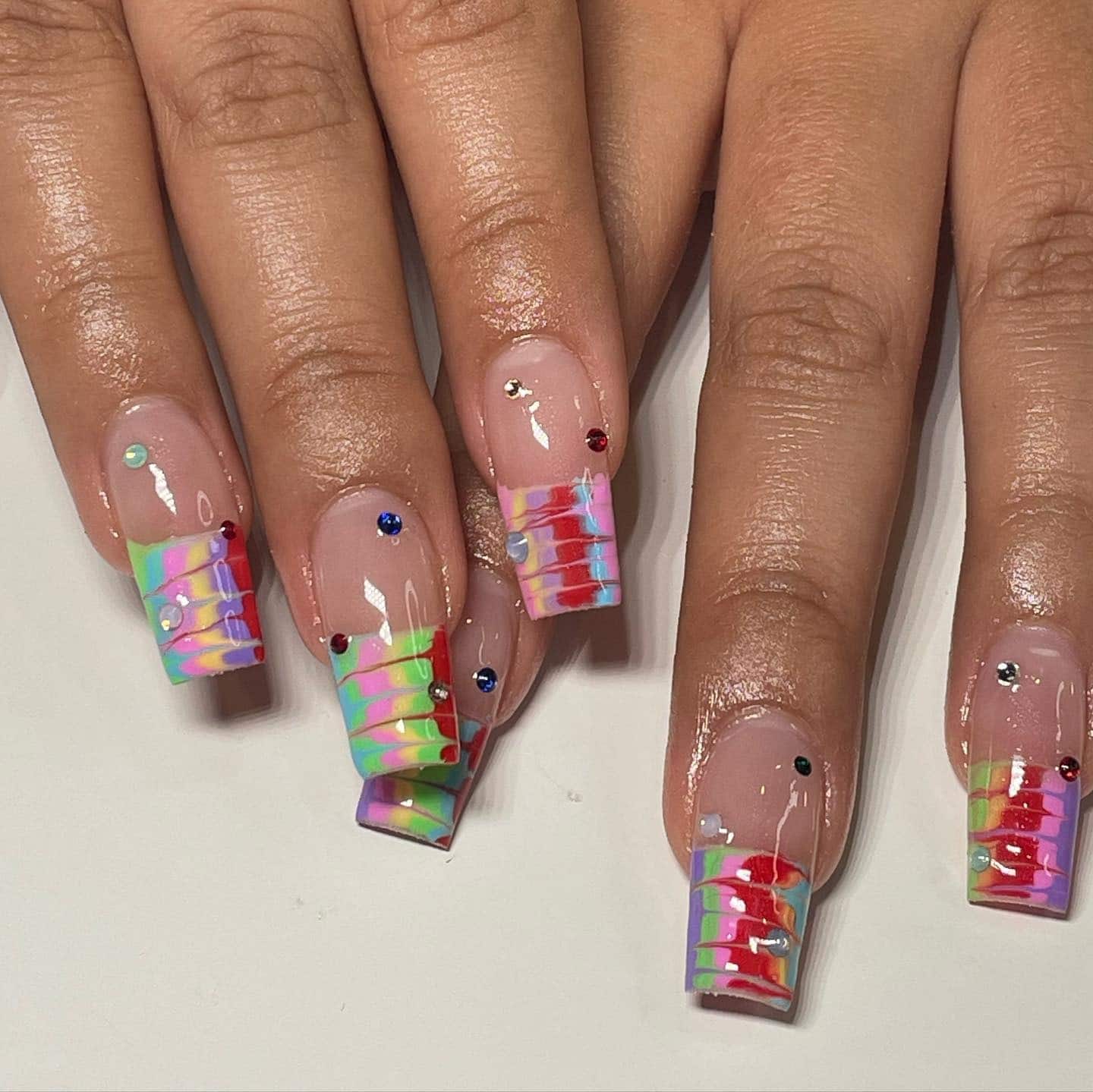 19. Psychedelic French Tips with Crystals - hippie nail ideas