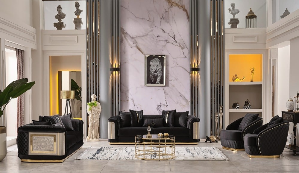 11. Grand Marble Elegance with Black and Gold - black and cream living room ideas