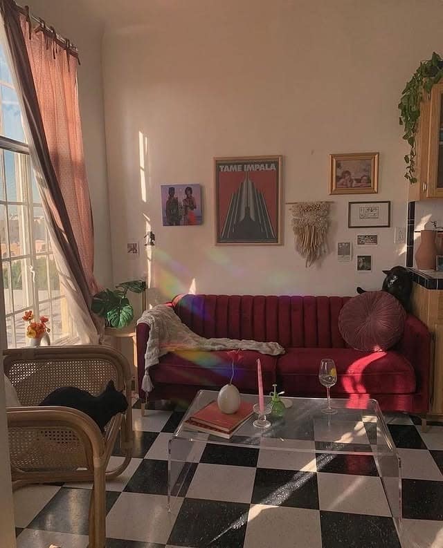 1. Eclectic Retro Charm in Ruby and Blush - aesthetic living room ideas