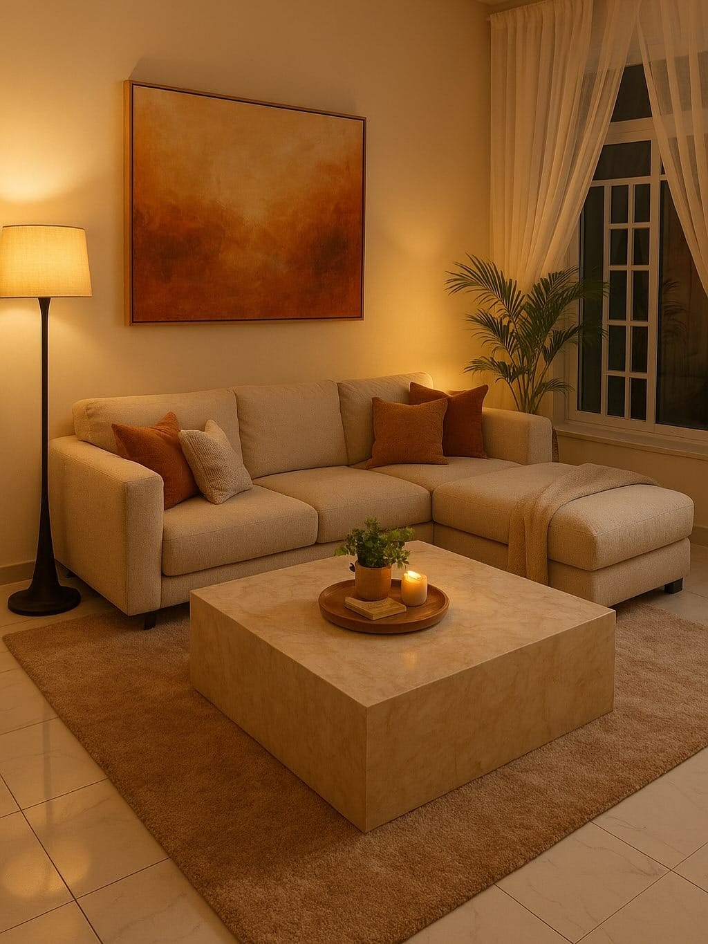 4. Amber Glow Minimalism - aesthetic living room ideas