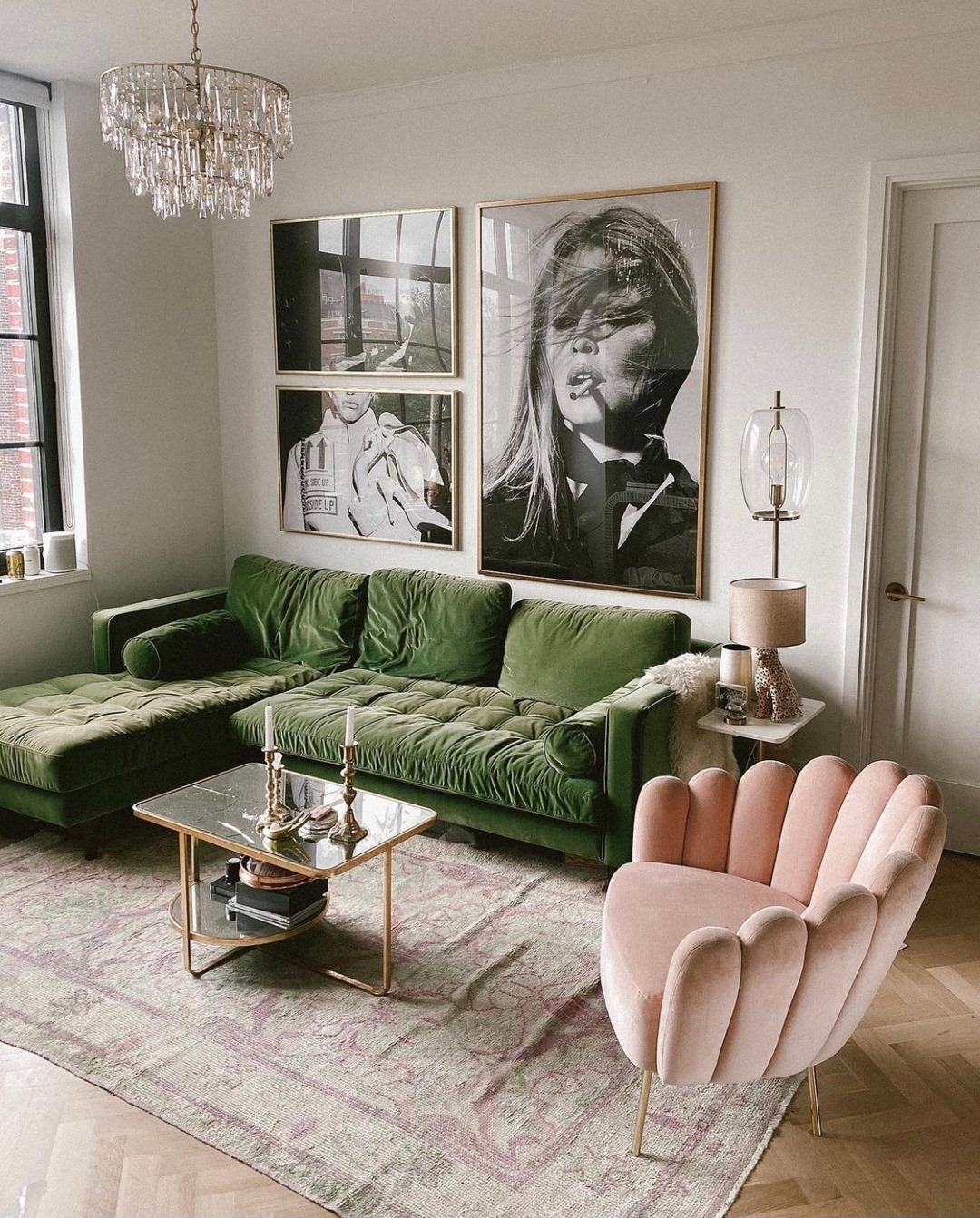 14. Modern Glam in Green and Blush - aesthetic living room ideas