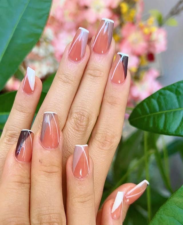 6. Geometric Nude French Nails - iridescent nail ideas