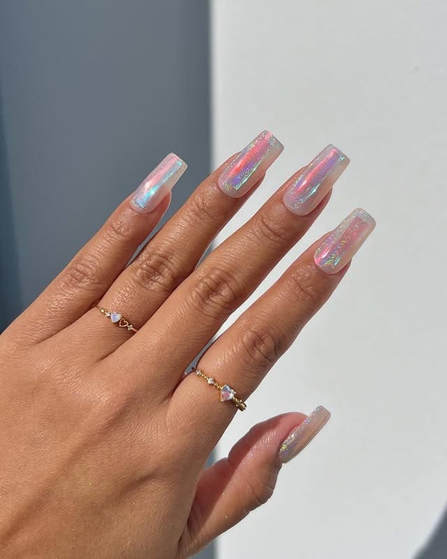 9. Holographic Square Nails - iridescent nail ideas