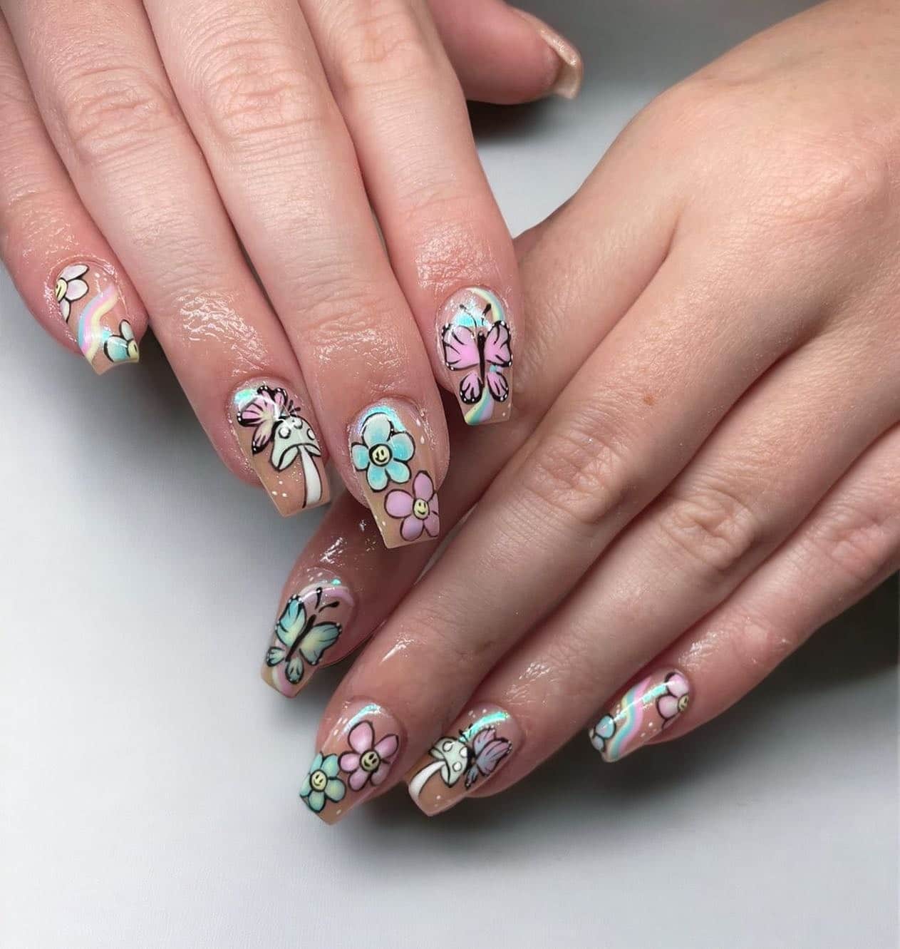 10. Retro Floral Chrome Nails - iridescent nail ideas