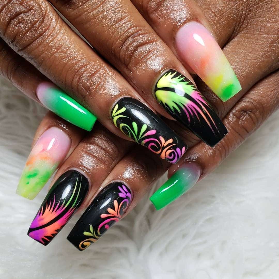 1. Neon Tropical Swirl on Jet Black - jamaican nail ideas