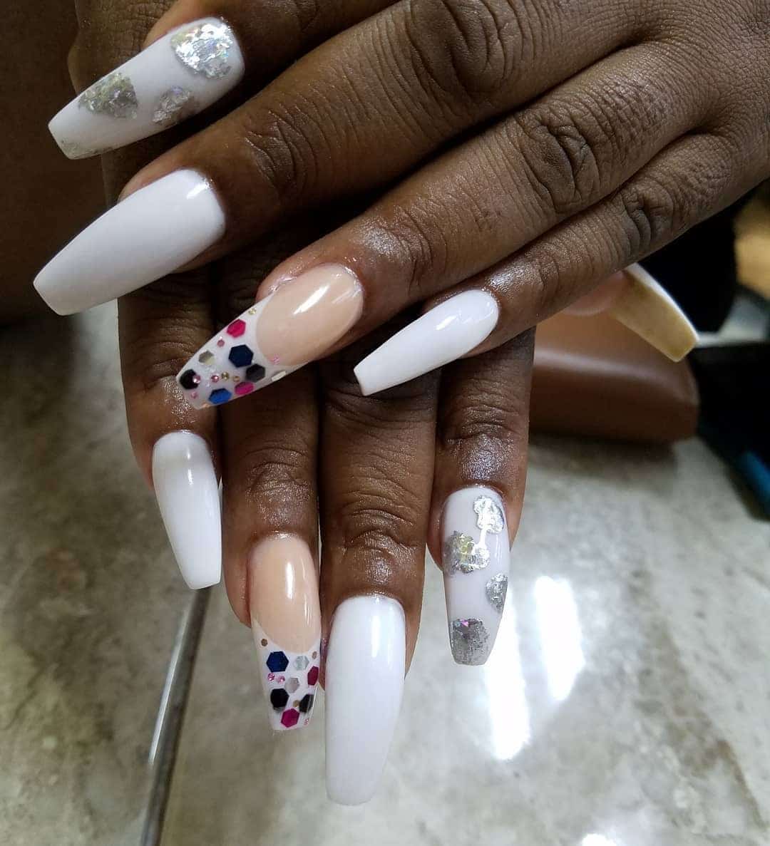 13. White Elegance with Silver and Jewel Accents - jamaican nail ideas