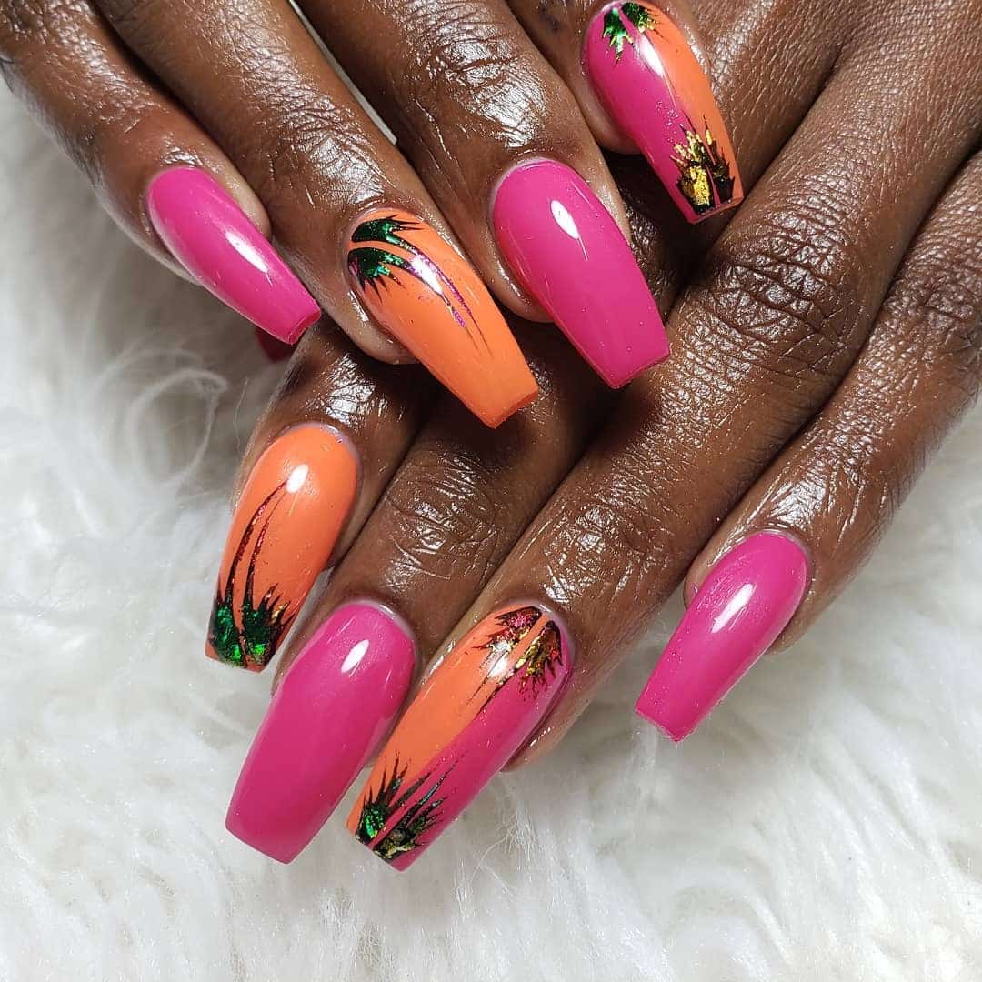 21. Tropical Sunset with Palm Art - jamaican nail ideas