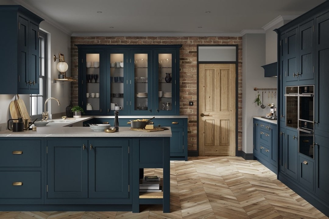1. Modern Rustic Charm in Deep Blue and Oak - dark blue kitchen ideas