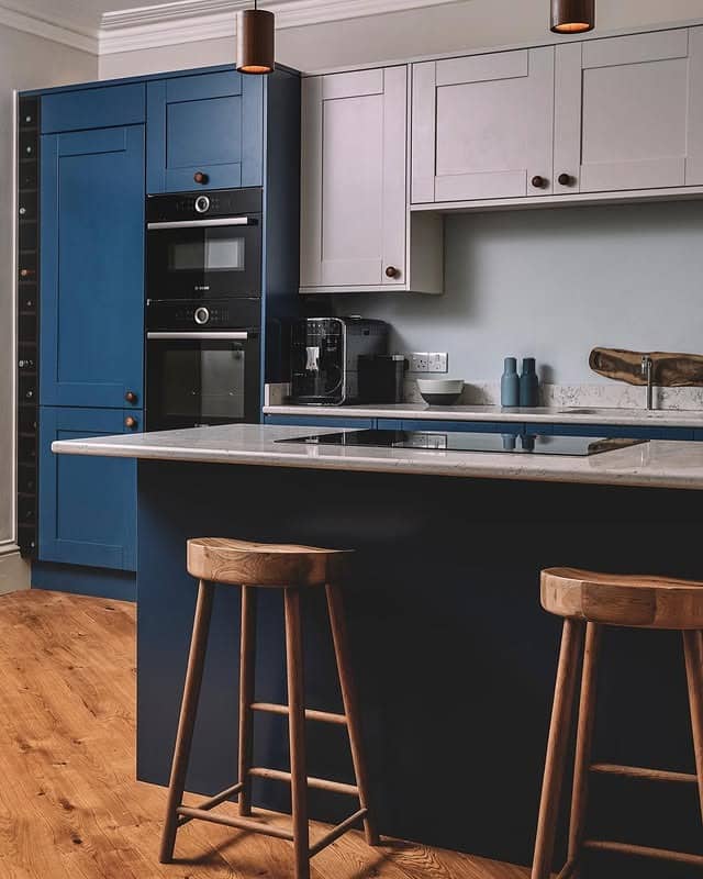 3. Contemporary Simplicity in Blue and Taupe - dark blue kitchen ideas